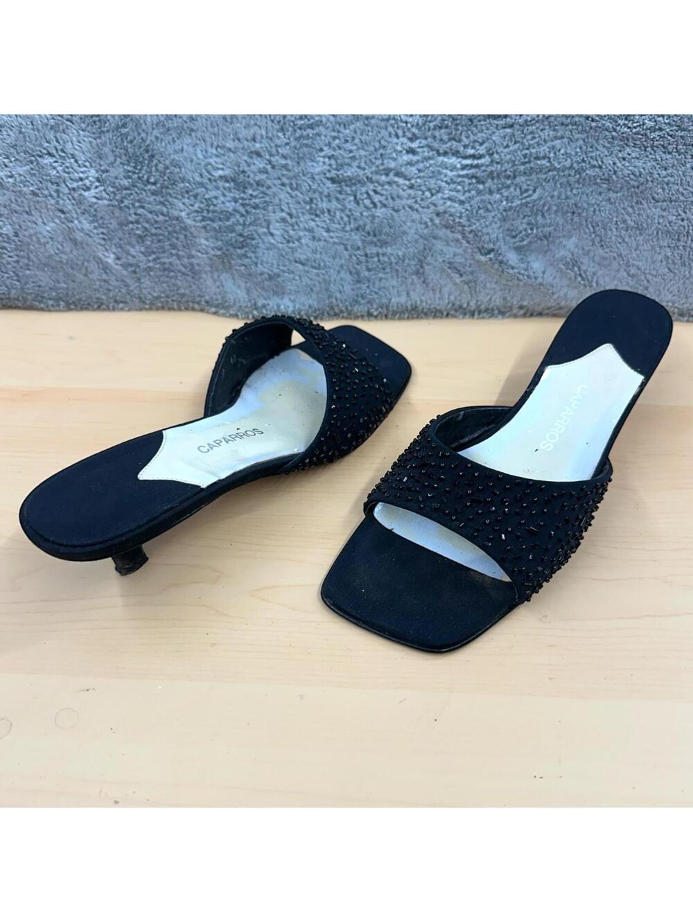 Caparros Black Beaded Square Toe Kitten Heel Slides